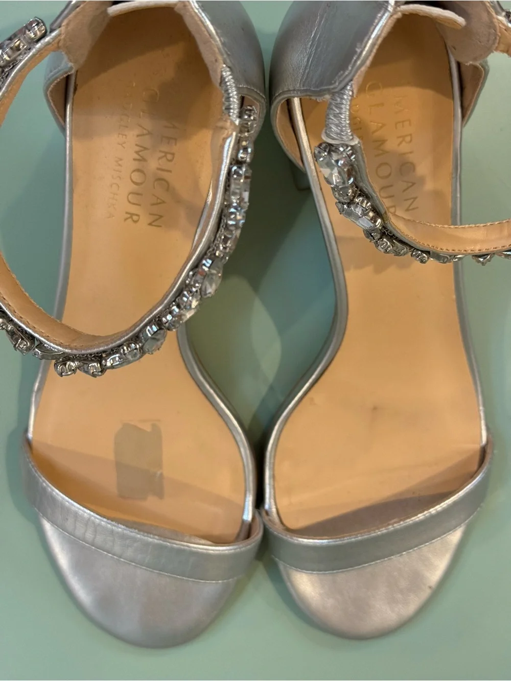 Badgley Mischka Silver Jeweled Ankle-Strap Block Heels